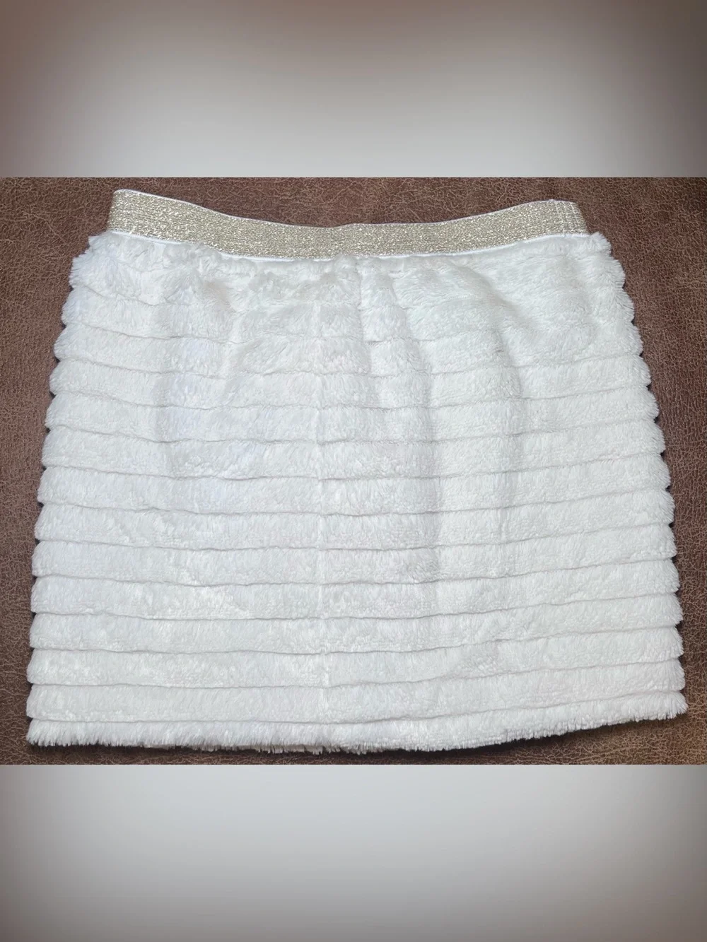 Girls White Faux Fur Lined Mini Skirt Gold Glitter Elastic Waist Pull-On 6X